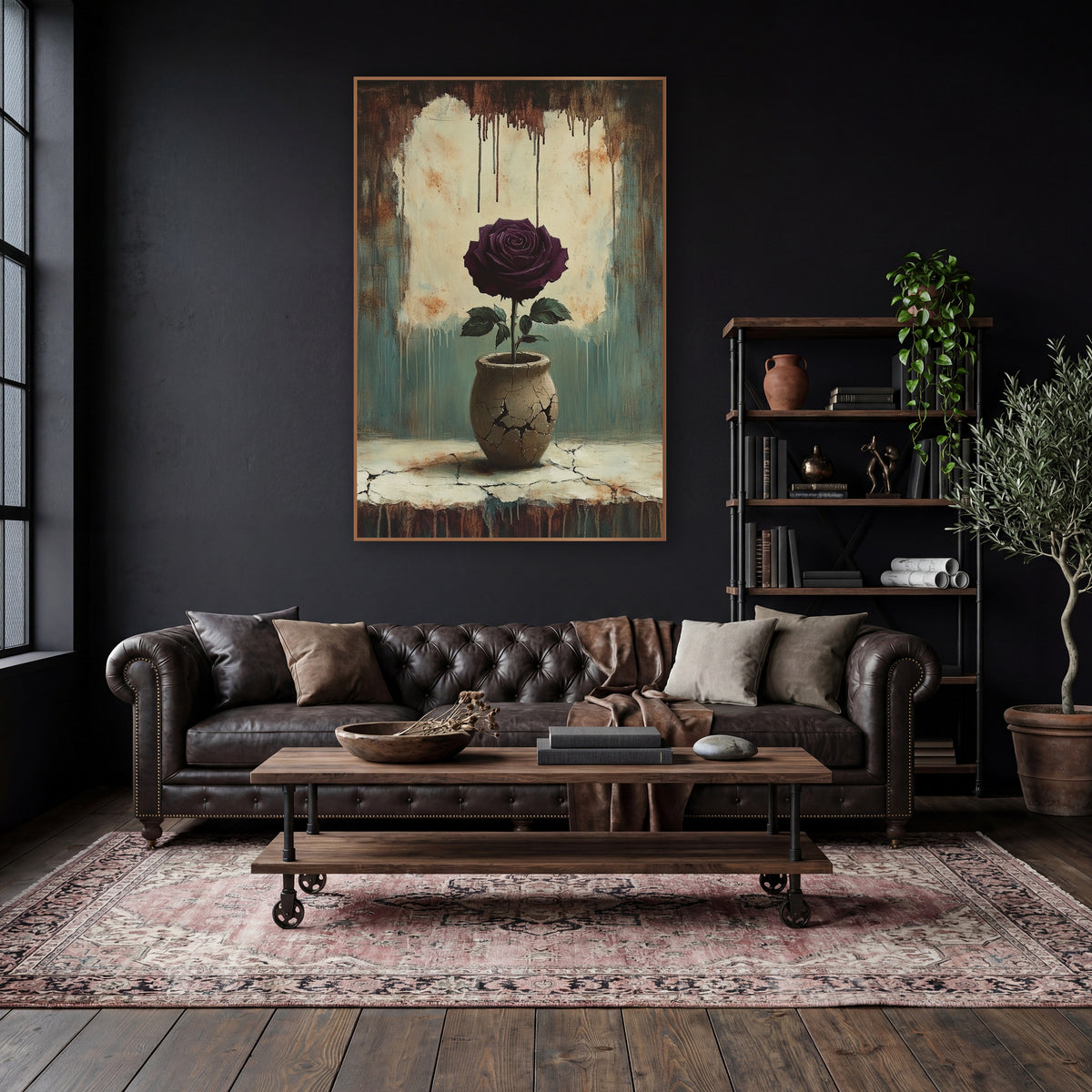 Burgundy Rose Crackled Ledge Moody wall art in a moody dark academia room – dark plum rose with green leaves