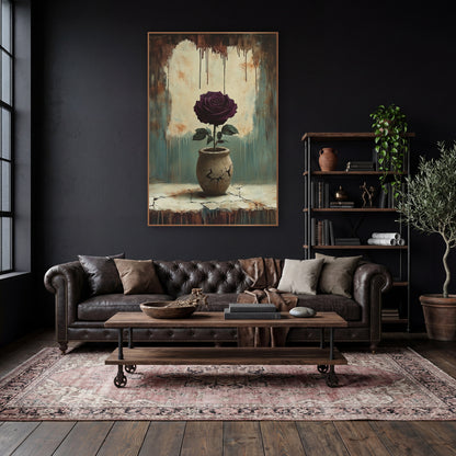 Burgundy Rose Crackled Ledge Moody wall art in a moody dark academia room – dark plum rose with green leaves