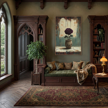 Burgundy Rose Crackled Ledge Moody wall art in a moody dark academia room – dark plum rose with green leaves