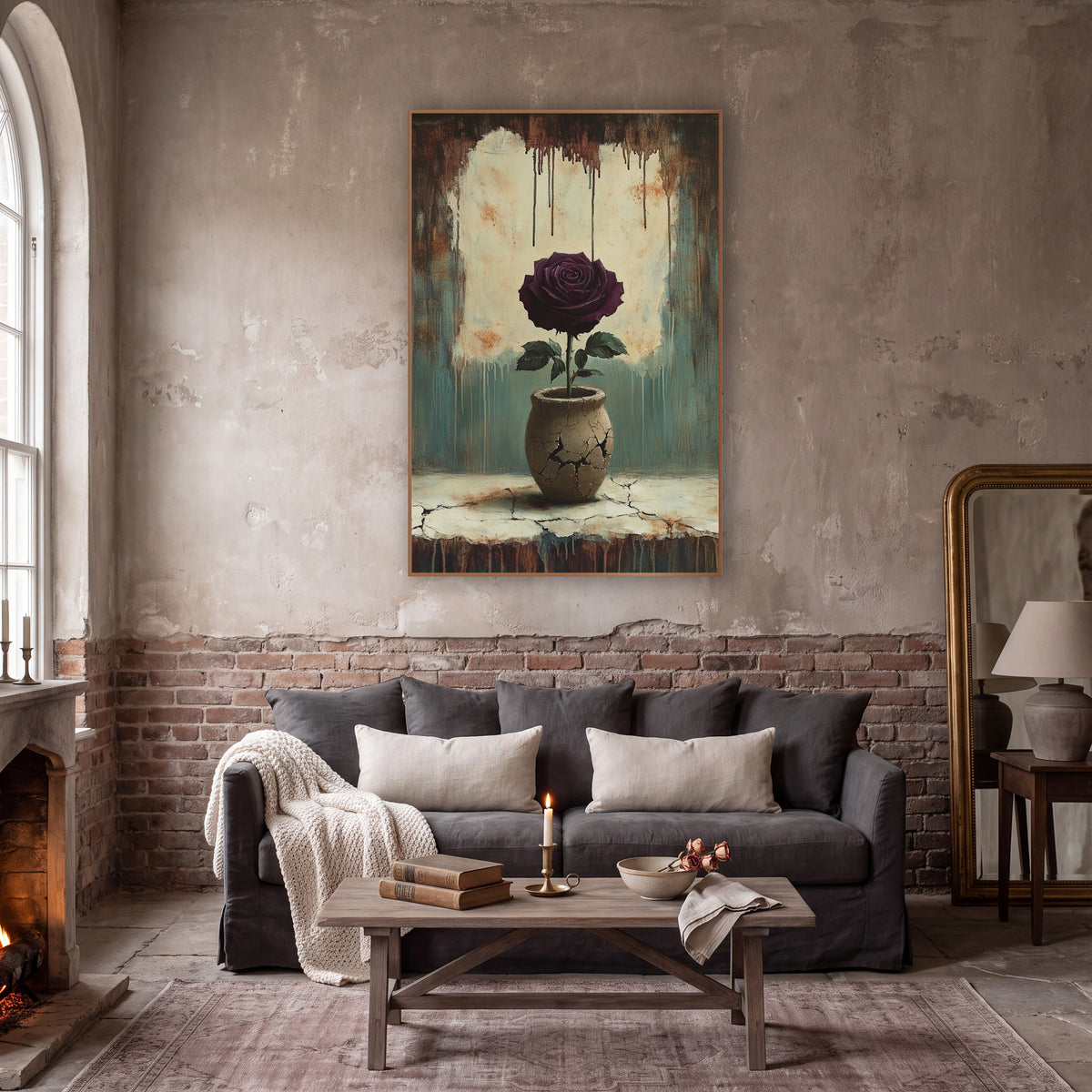 Burgundy Rose Crackled Ledge Moody wall art in a moody dark academia room – dark plum rose with green leaves