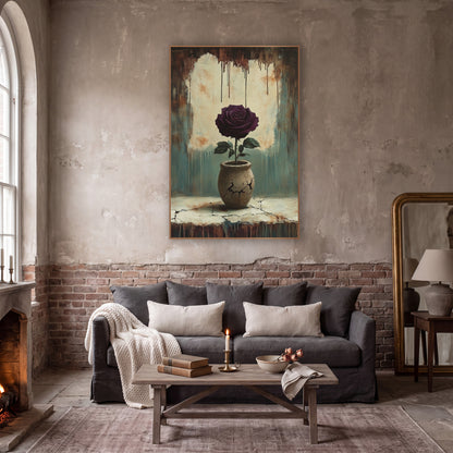 Burgundy Rose Crackled Ledge Moody wall art in a moody dark academia room – dark plum rose with green leaves