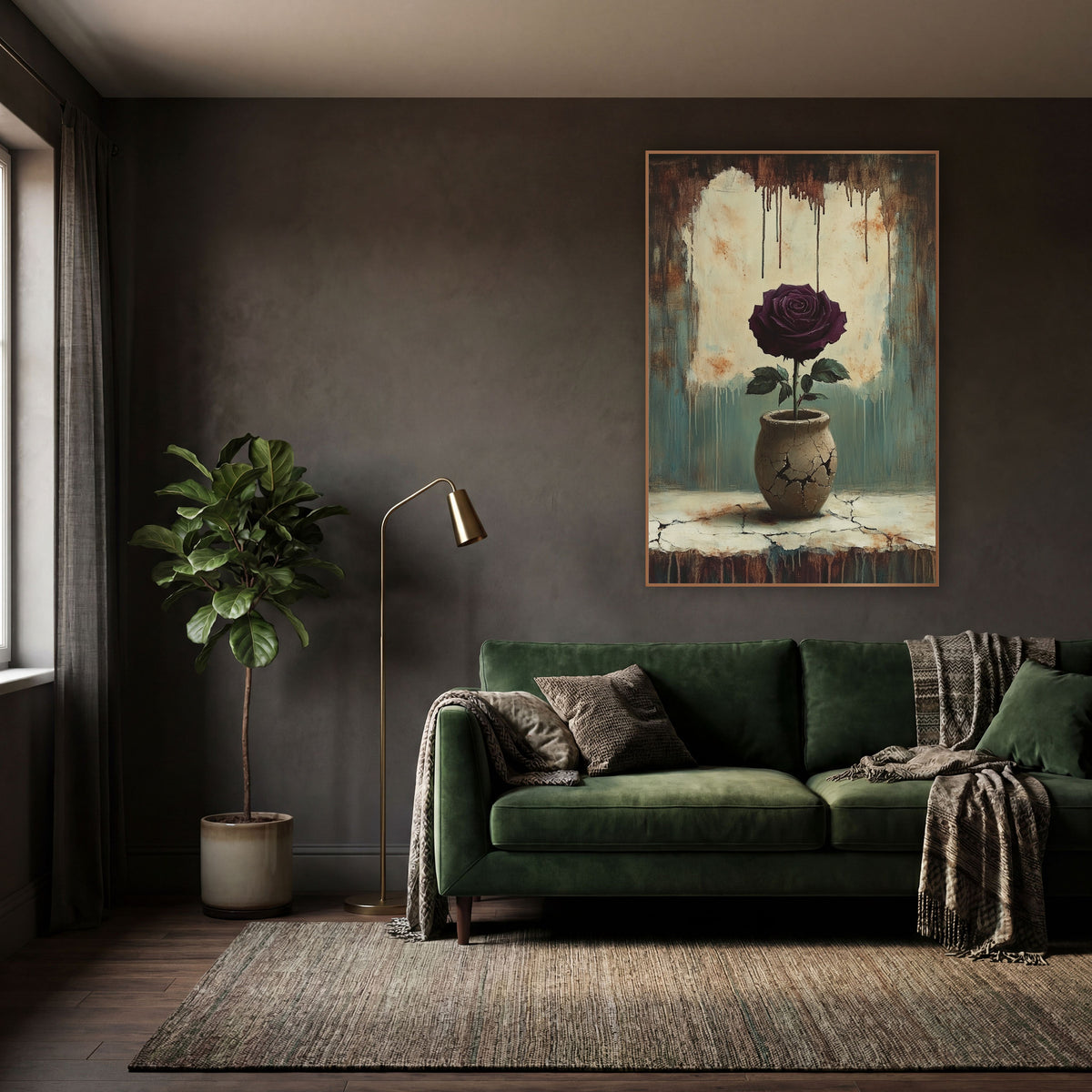 Burgundy Rose Crackled Ledge Moody wall art in a moody dark academia room – dark plum rose with green leaves