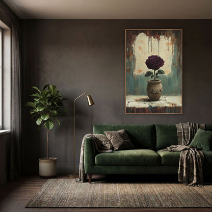 Burgundy Rose Crackled Ledge Moody wall art in a moody dark academia room – dark plum rose with green leaves
