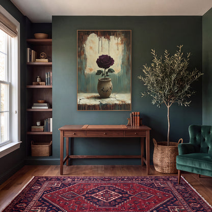 Burgundy Rose Crackled Ledge Moody wall art in a moody dark academia room – dark plum rose with green leaves
