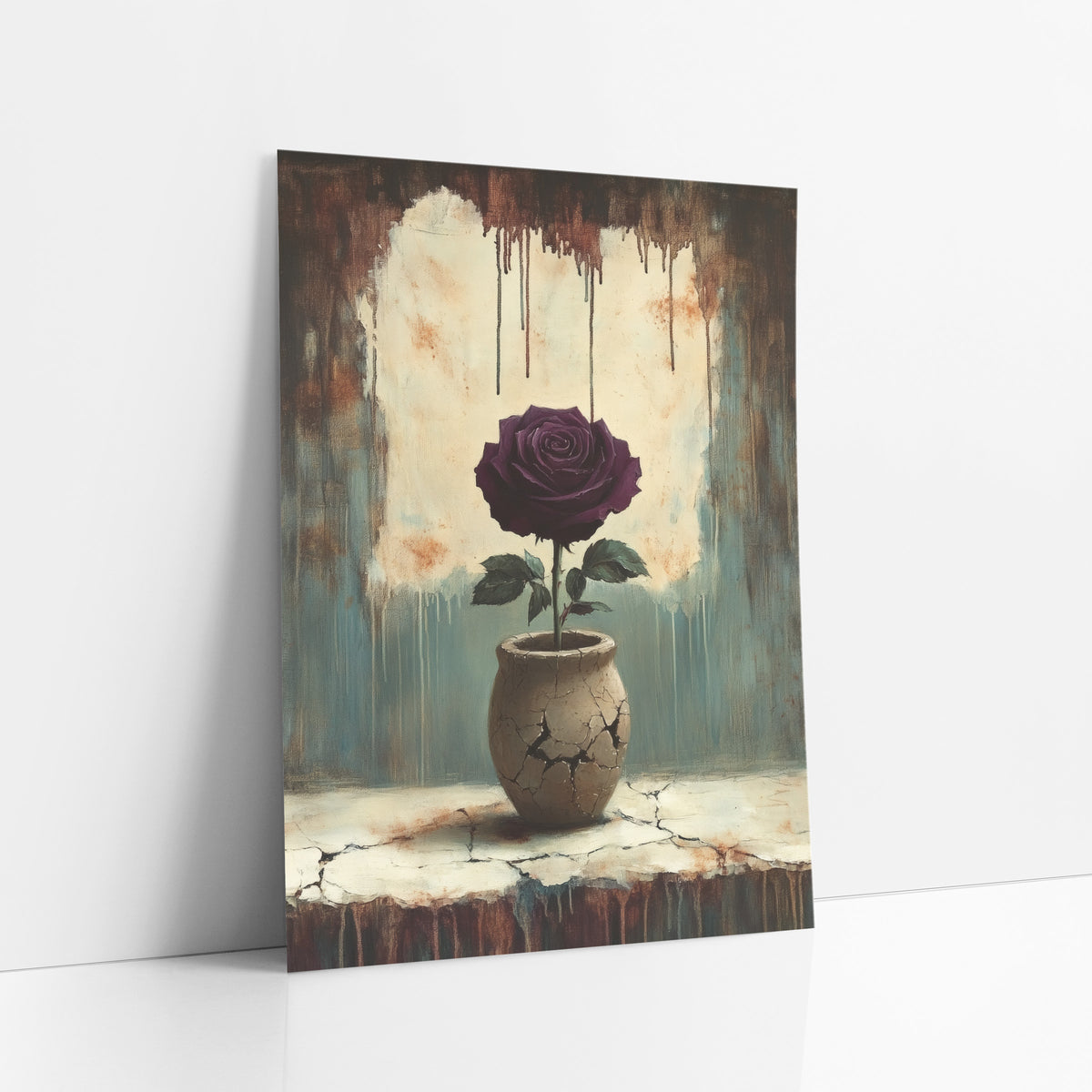 Burgundy Rose Crackled Ledge Moody art print leaning against a white wall – dark plum rose with green leaves in a cracked