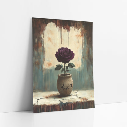 Burgundy Rose Crackled Ledge Moody art print leaning against a white wall – dark plum rose with green leaves in a cracked