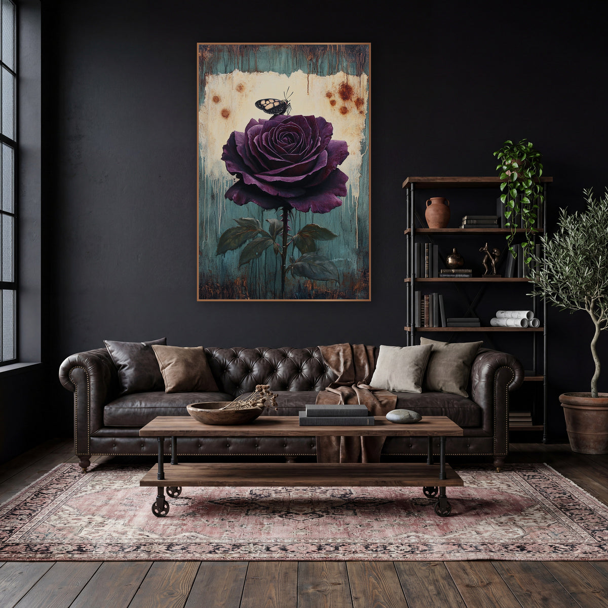 Plum Rose and Butterfly Vintage Botanical wall art in a moody dark academia room – large plum-purple rose with a small
