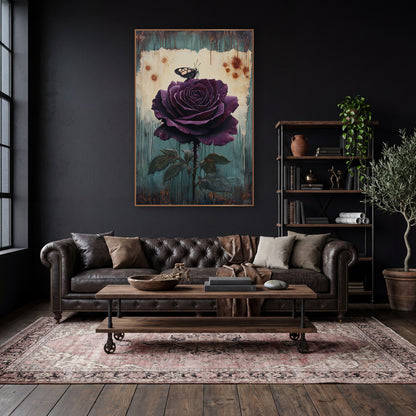 Plum Rose and Butterfly Vintage Botanical wall art in a moody dark academia room – large plum-purple rose with a small