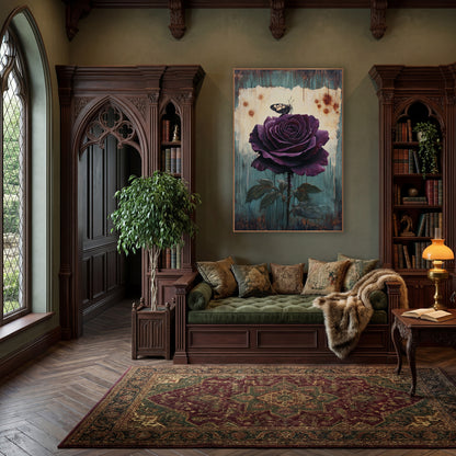 Plum Rose and Butterfly Vintage Botanical wall art in a moody dark academia room – large plum-purple rose with a small