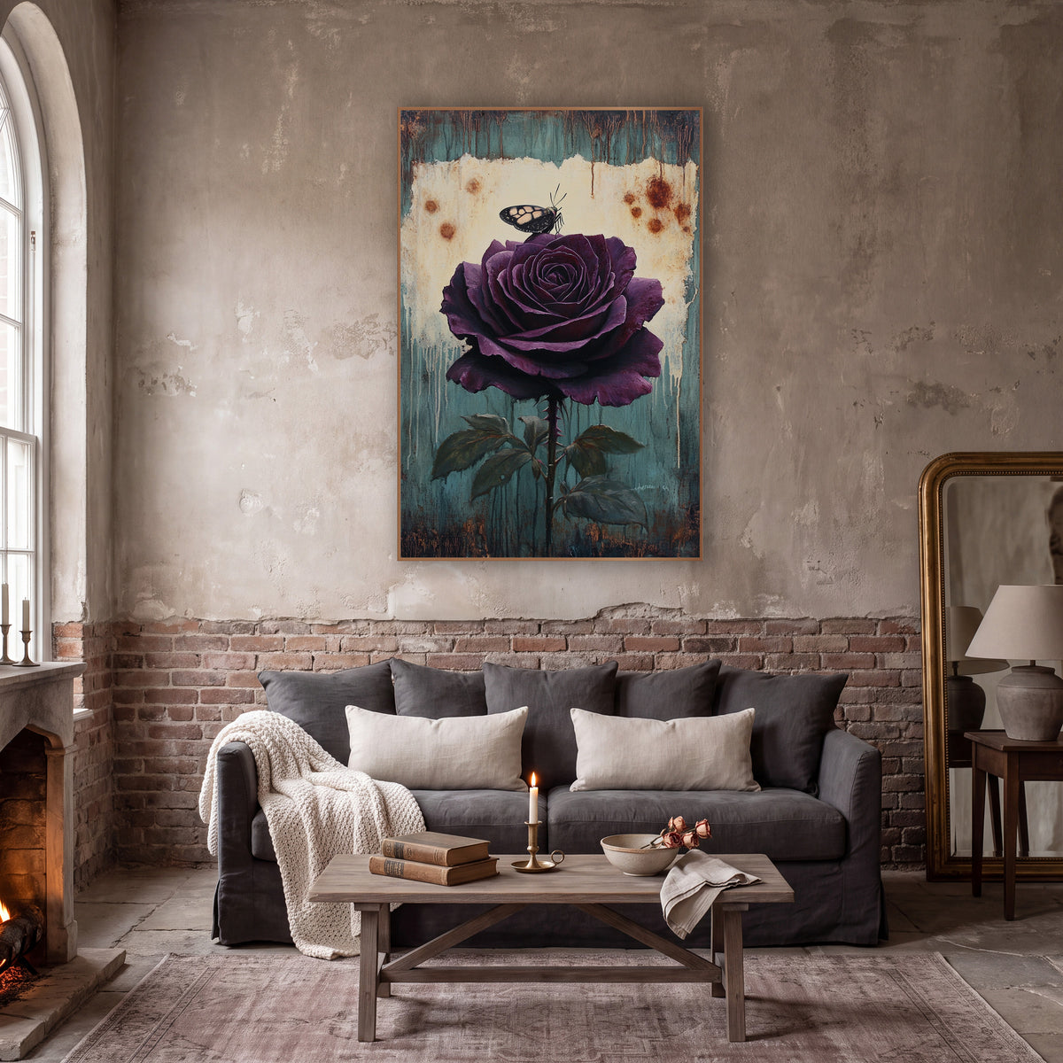 Plum Rose and Butterfly Vintage Botanical wall art in a moody dark academia room – large plum-purple rose with a small