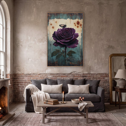 Plum Rose and Butterfly Vintage Botanical wall art in a moody dark academia room – large plum-purple rose with a small