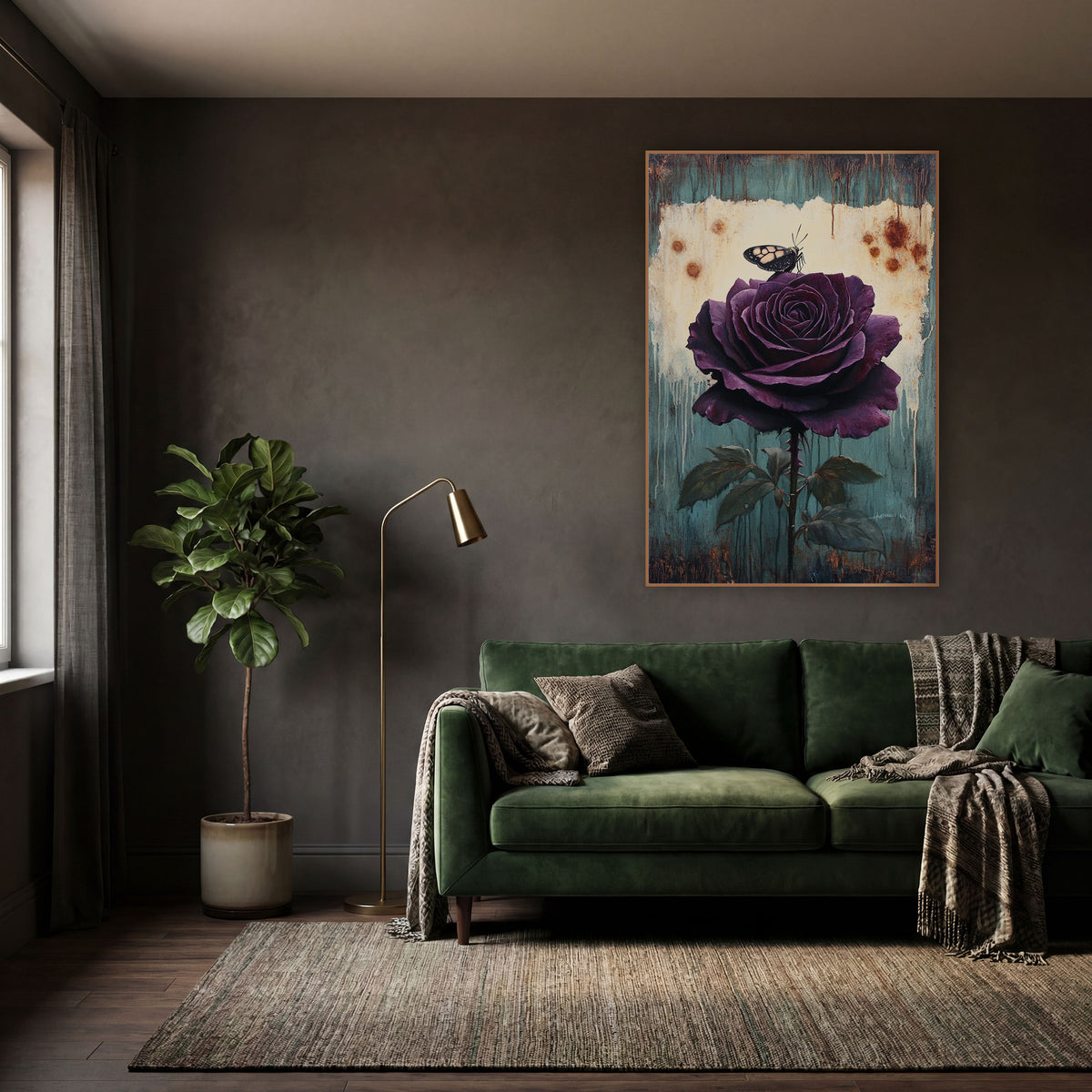 Plum Rose and Butterfly Vintage Botanical wall art in a moody dark academia room – large plum-purple rose with a small