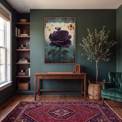 Plum Rose and Butterfly Vintage Botanical wall art in a moody dark academia room – large plum-purple rose with a small