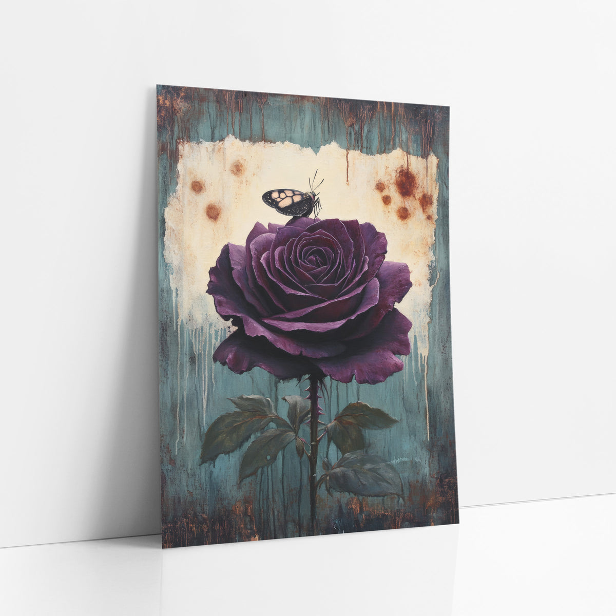 Plum Rose and Butterfly Vintage Botanical art print leaning against a white wall – large plum-purple rose with a small