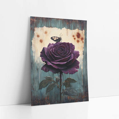 Plum Rose and Butterfly Vintage Botanical art print leaning against a white wall – large plum-purple rose with a small