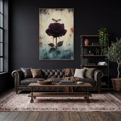 Hovering Moth Plum Rose Gothic wall art in a moody dark academia room – dark plum rose on a thorny stem with a small
