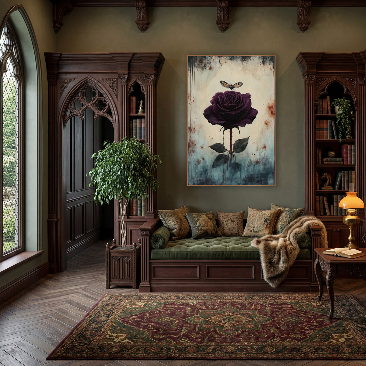 Hovering Moth Plum Rose Gothic wall art in a moody dark academia room – dark plum rose on a thorny stem with a small