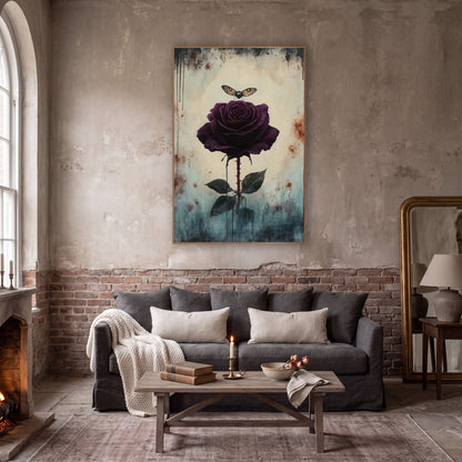 Hovering Moth Plum Rose Gothic wall art in a moody dark academia room – dark plum rose on a thorny stem with a small