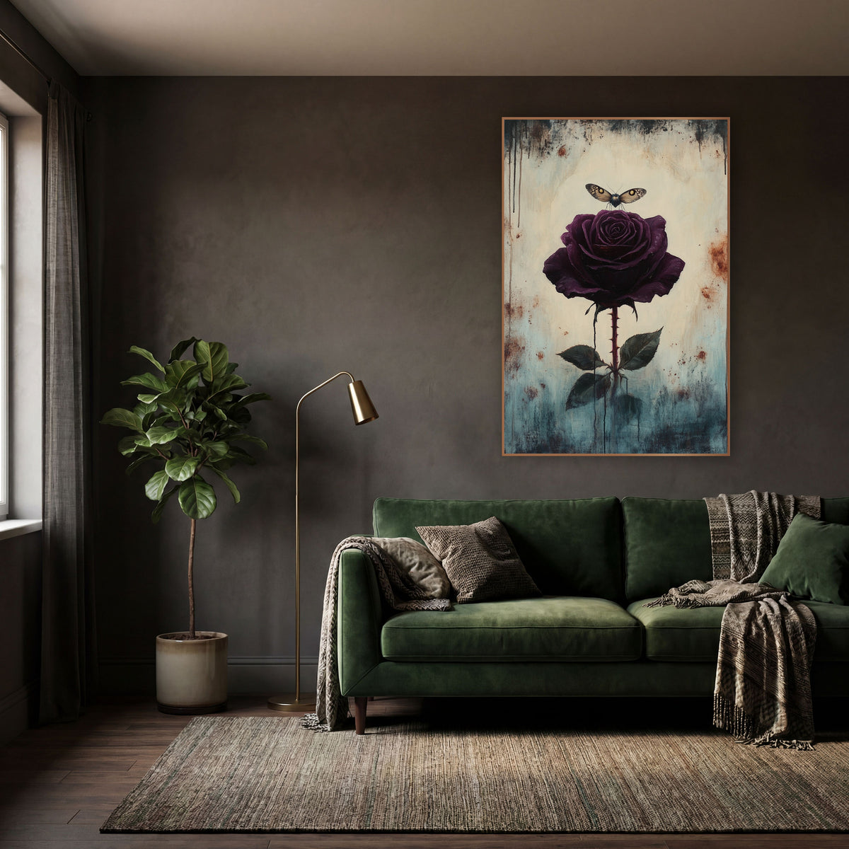 Hovering Moth Plum Rose Gothic wall art in a moody dark academia room – dark plum rose on a thorny stem with a small