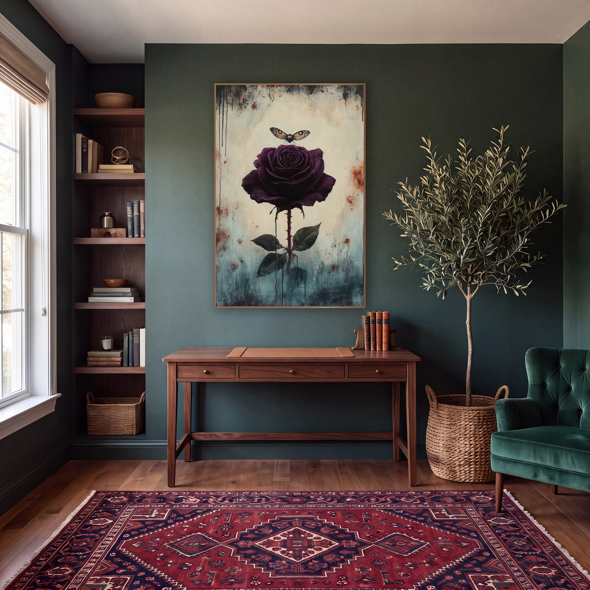 Hovering Moth Plum Rose Gothic wall art in a moody dark academia room – dark plum rose on a thorny stem with a small