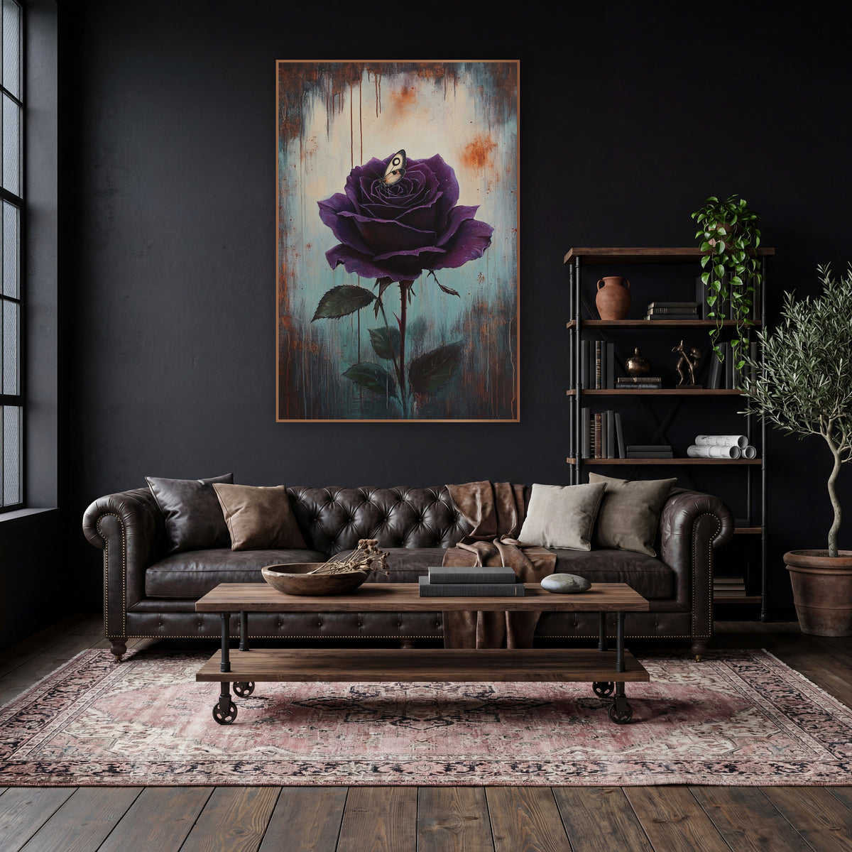Nestled Moth Violet Rose Moody wall art in a moody dark academia room – deep purple rose with a small cream moth