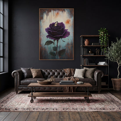 Nestled Moth Violet Rose Moody wall art in a moody dark academia room – deep purple rose with a small cream moth