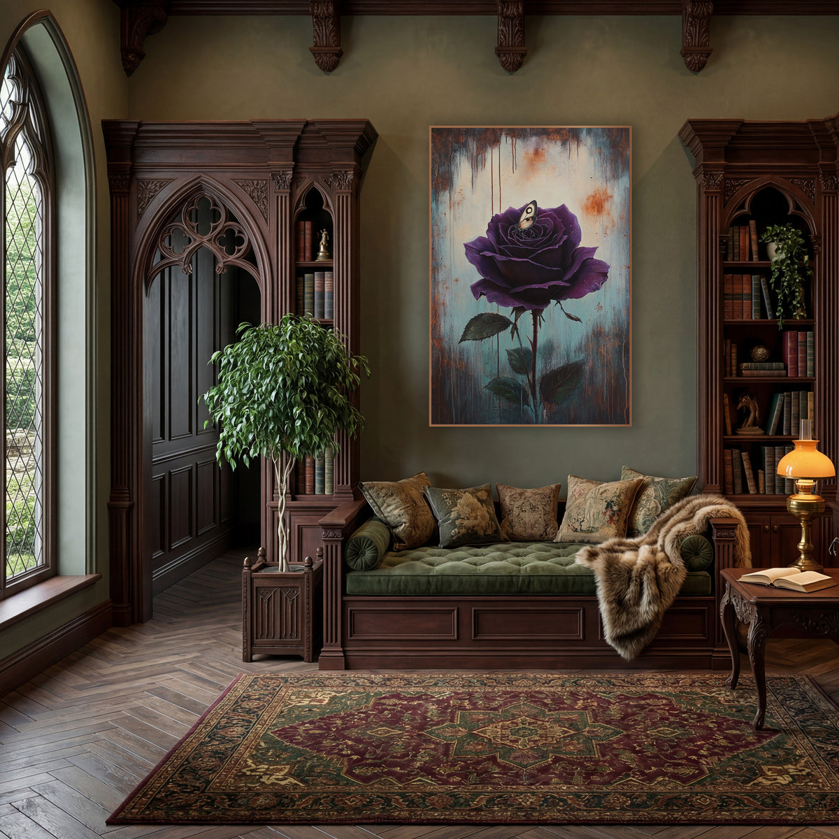 Nestled Moth Violet Rose Moody wall art in a moody dark academia room – deep purple rose with a small cream moth