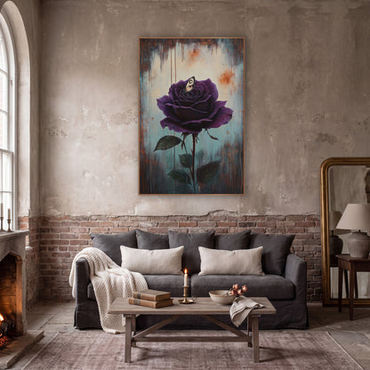 Nestled Moth Violet Rose Moody wall art in a moody dark academia room – deep purple rose with a small cream moth