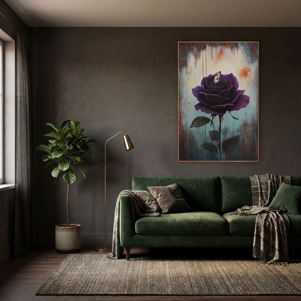 Nestled Moth Violet Rose Moody wall art in a moody dark academia room – deep purple rose with a small cream moth