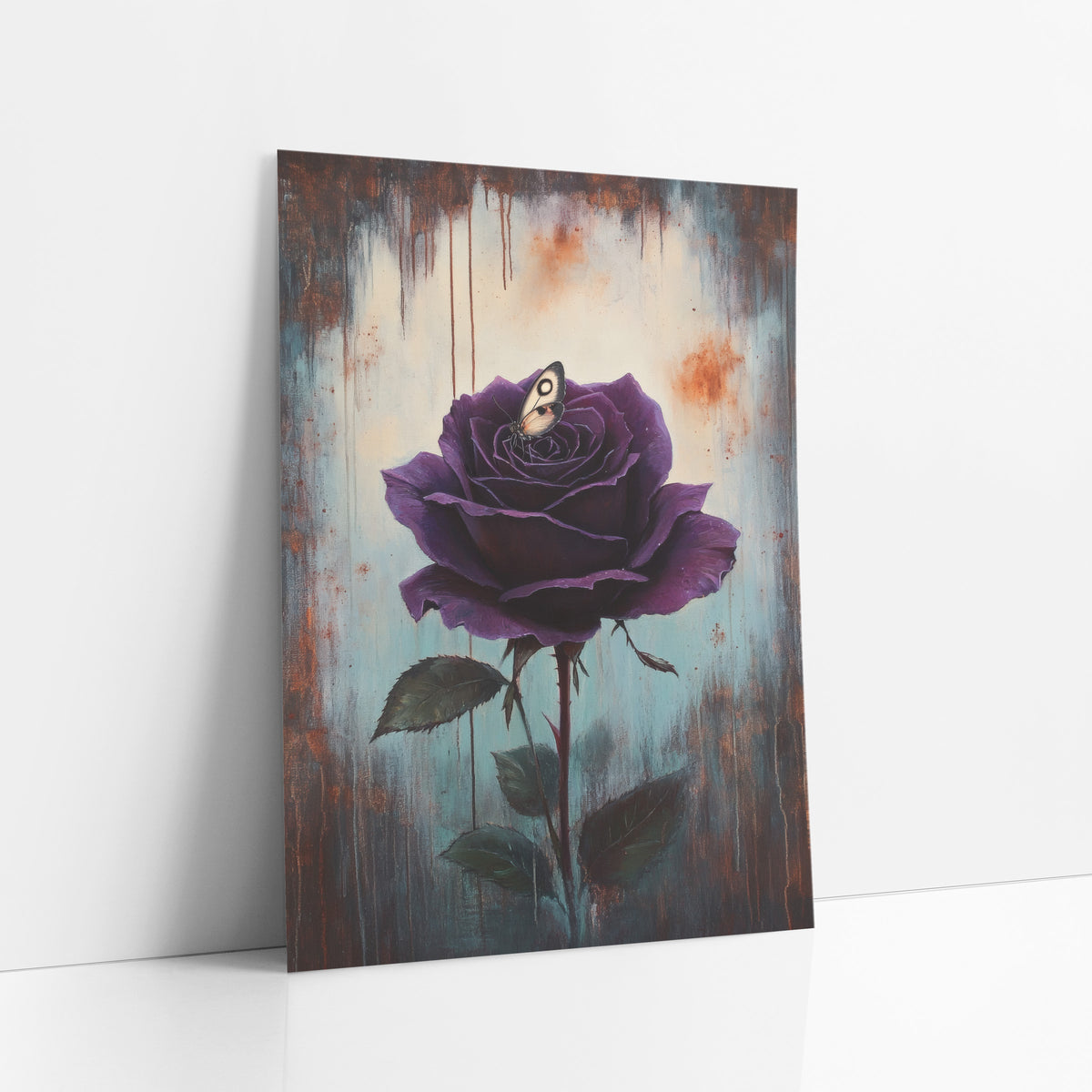 Nestled Moth Violet Rose Moody art print leaning against a white wall – deep purple rose with a small cream moth