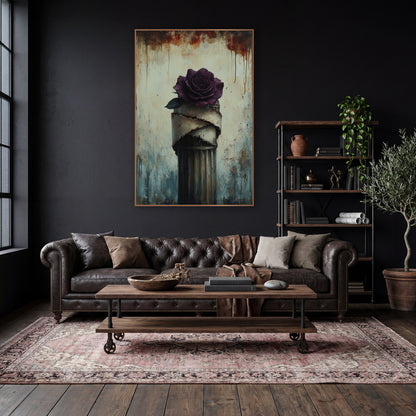 Plum Rose Wrapped Column Gothic wall art in a moody dark academia room – deep plum rose on a fluted column wrapped