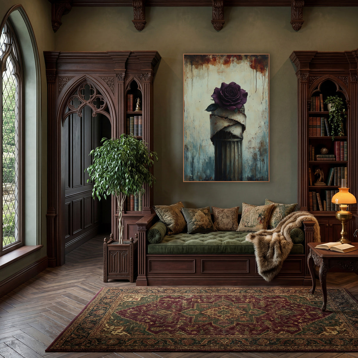 Plum Rose Wrapped Column Gothic wall art in a moody dark academia room – deep plum rose on a fluted column wrapped