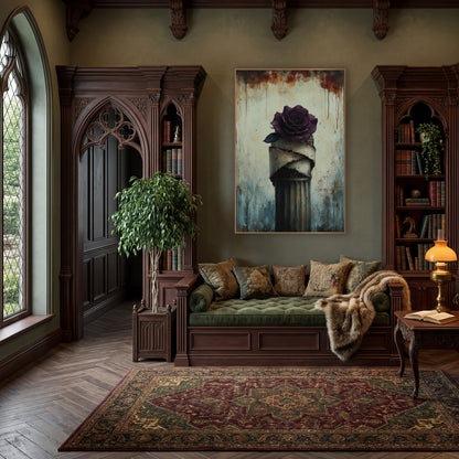 Plum Rose Wrapped Column Gothic wall art in a moody dark academia room – deep plum rose on a fluted column wrapped
