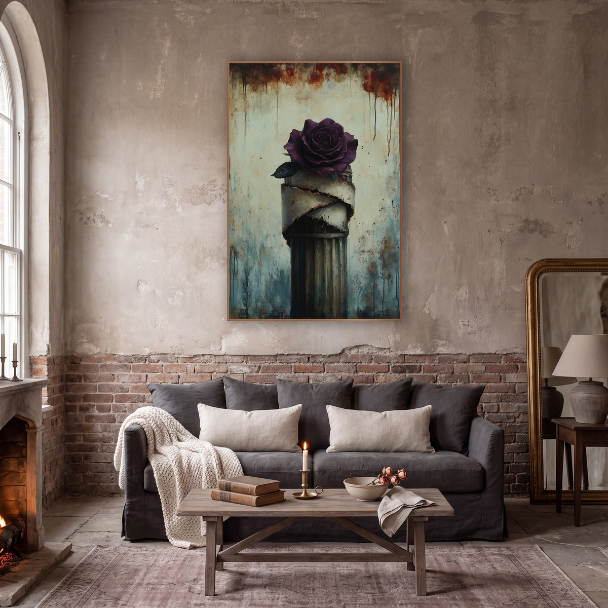 Plum Rose Wrapped Column Gothic wall art in a moody dark academia room – deep plum rose on a fluted column wrapped