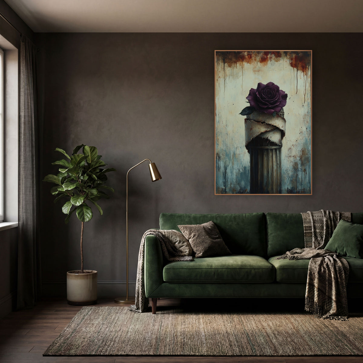 Plum Rose Wrapped Column Gothic wall art in a moody dark academia room – deep plum rose on a fluted column wrapped