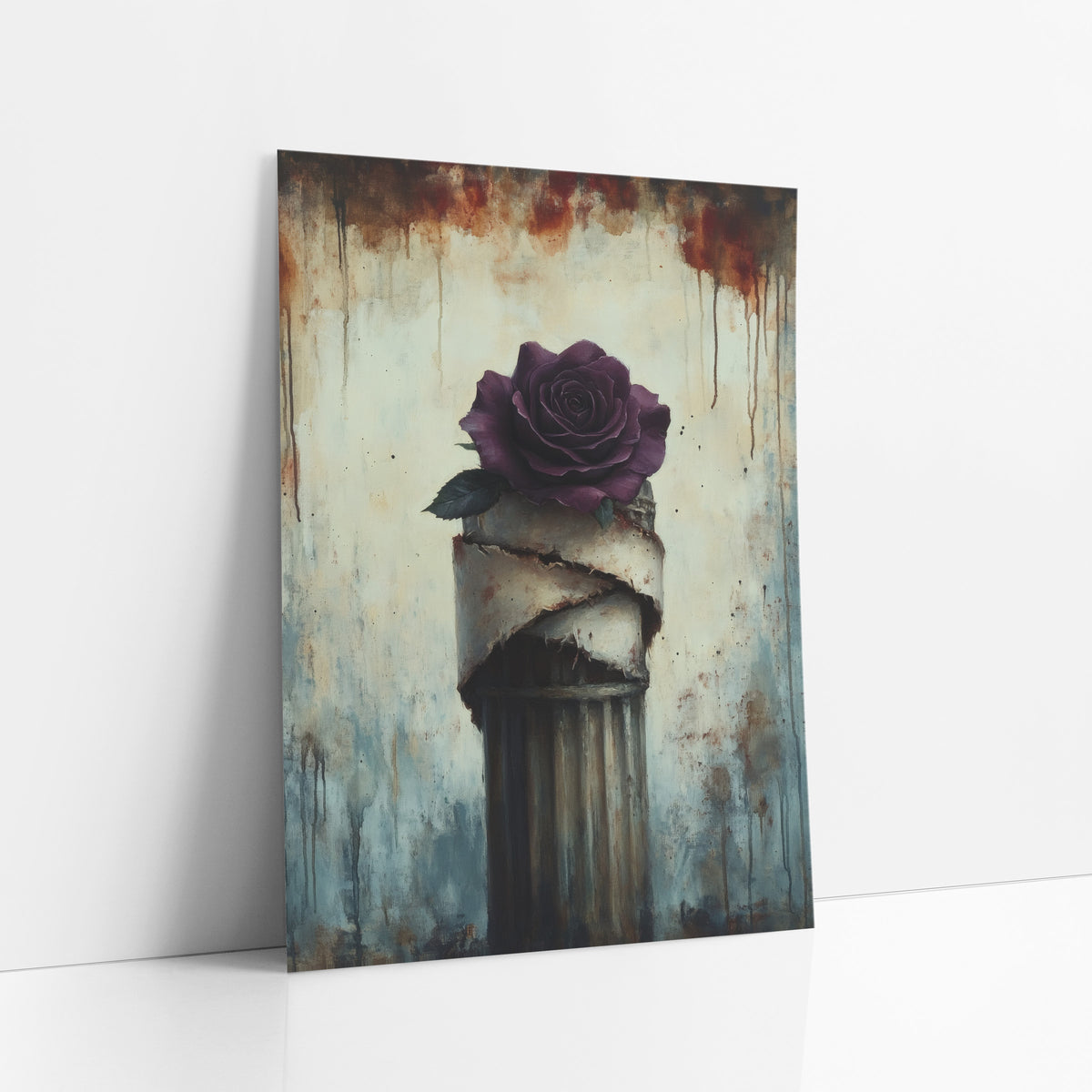 Plum Rose Wrapped Column Gothic art print leaning against a white wall – deep plum rose on a fluted column wrapped in torn
