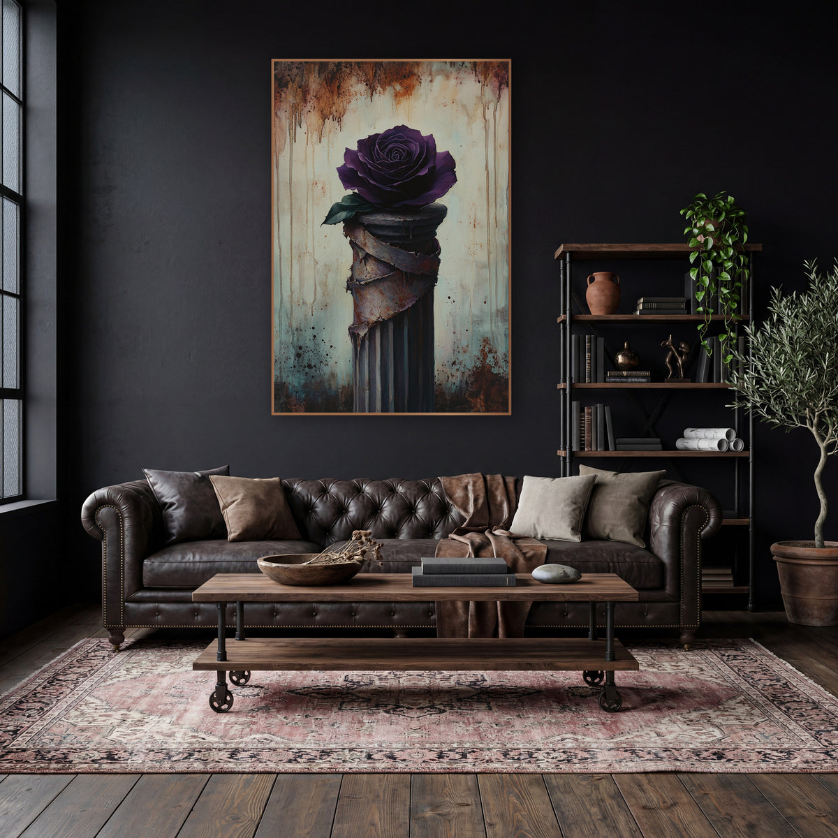 Violet Rose Peeling Pillar Moody wall art in a moody dark academia room – deep purple rose on a fluted column