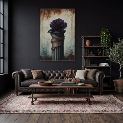 Violet Rose Peeling Pillar Moody wall art in a moody dark academia room – deep purple rose on a fluted column