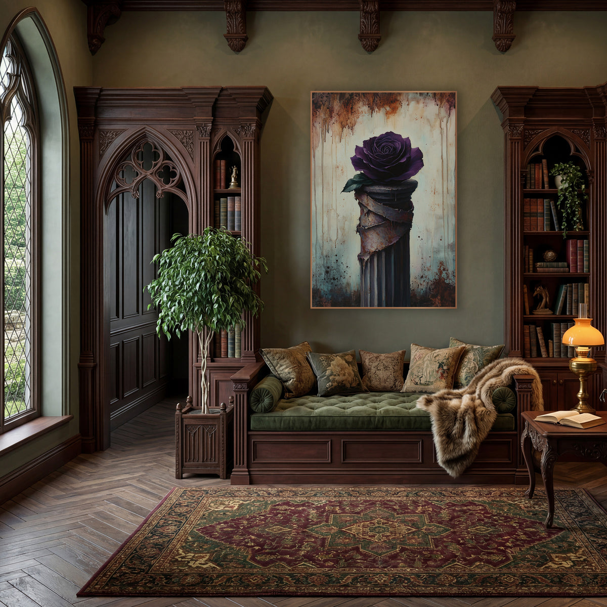 Violet Rose Peeling Pillar Moody wall art in a moody dark academia room – deep purple rose on a fluted column