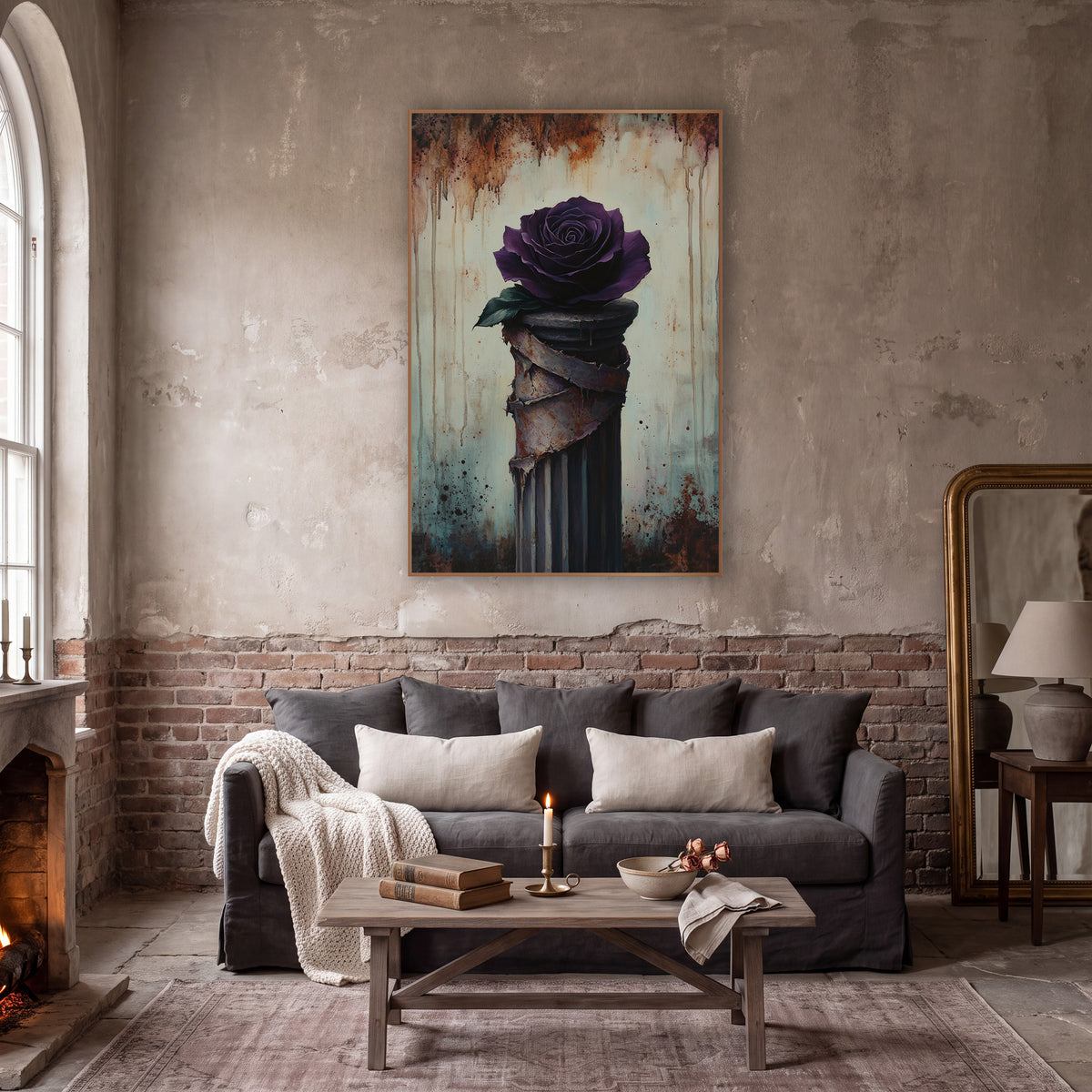 Violet Rose Peeling Pillar Moody wall art in a moody dark academia room – deep purple rose on a fluted column