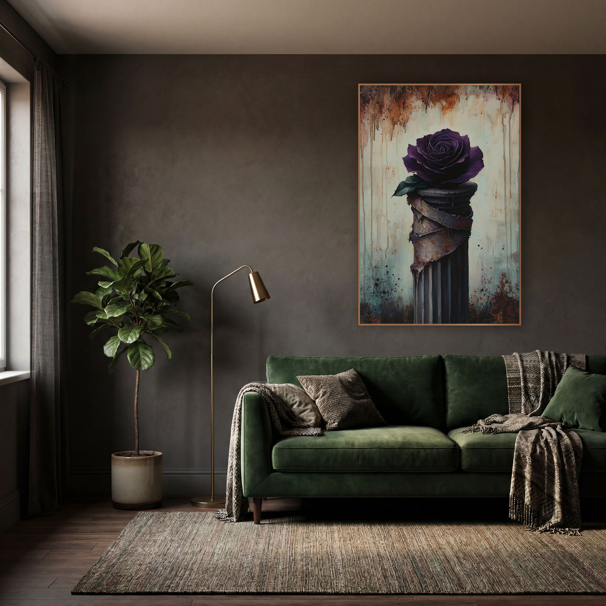 Violet Rose Peeling Pillar Moody wall art in a moody dark academia room – deep purple rose on a fluted column