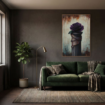 Violet Rose Peeling Pillar Moody wall art in a moody dark academia room – deep purple rose on a fluted column