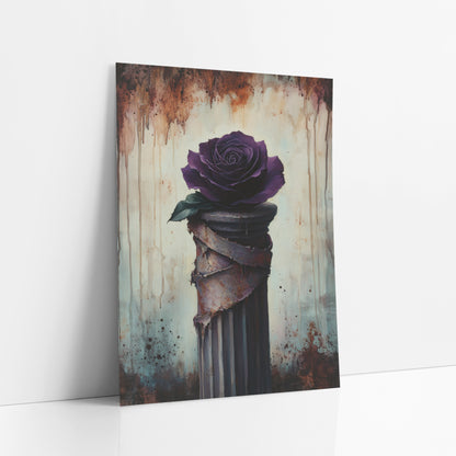 Violet Rose Peeling Pillar Moody art print leaning against a white wall – deep purple rose on a fluted column with peeling
