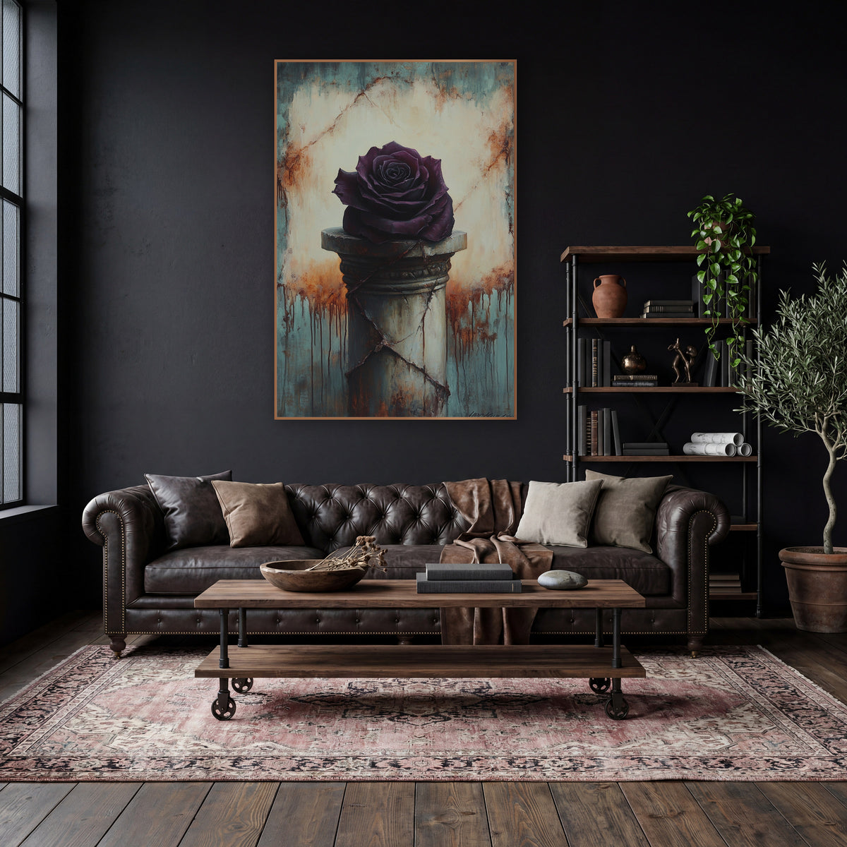 Plum Rose Cracked Pedestal Gothic wall art in a moody dark academia room – deep plum rose resting on a cracked stone