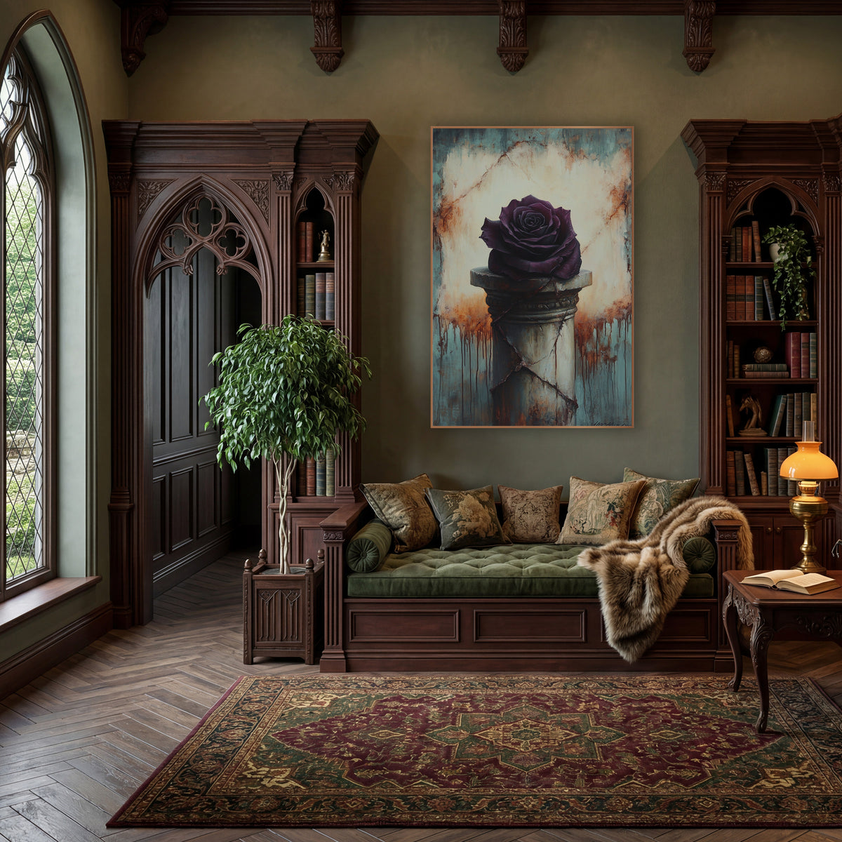Plum Rose Cracked Pedestal Gothic wall art in a moody dark academia room – deep plum rose resting on a cracked stone