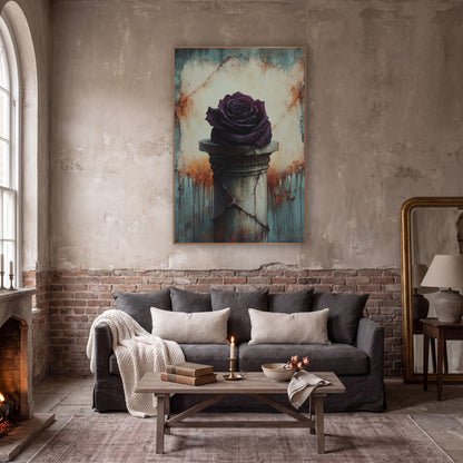 Plum Rose Cracked Pedestal Gothic wall art in a moody dark academia room – deep plum rose resting on a cracked stone