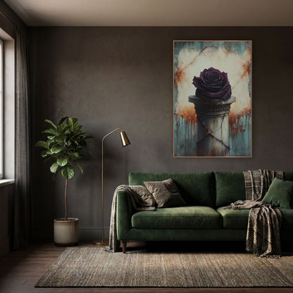 Plum Rose Cracked Pedestal Gothic wall art in a moody dark academia room – deep plum rose resting on a cracked stone