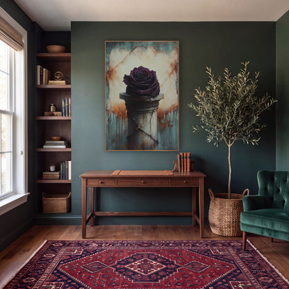 Plum Rose Cracked Pedestal Gothic wall art in a moody dark academia room – deep plum rose resting on a cracked stone