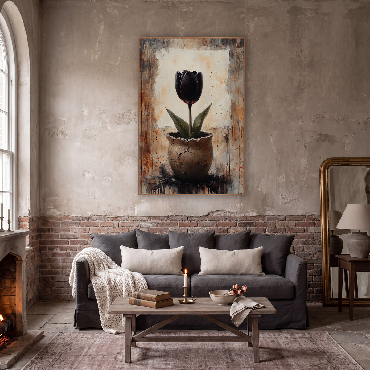 Black Tulip Cracked Pot Dark Academia wall art in a moody dark academia room – black tulip with green leaves