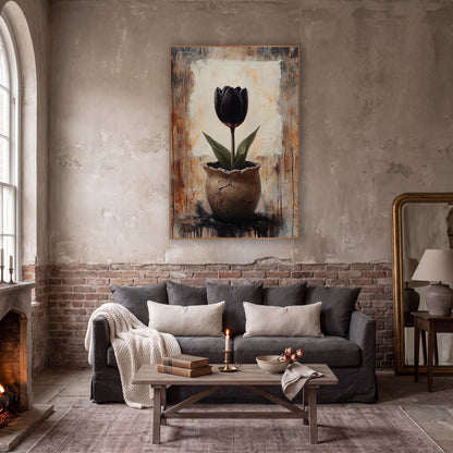 Black Tulip Cracked Pot Dark Academia wall art in a moody dark academia room – black tulip with green leaves